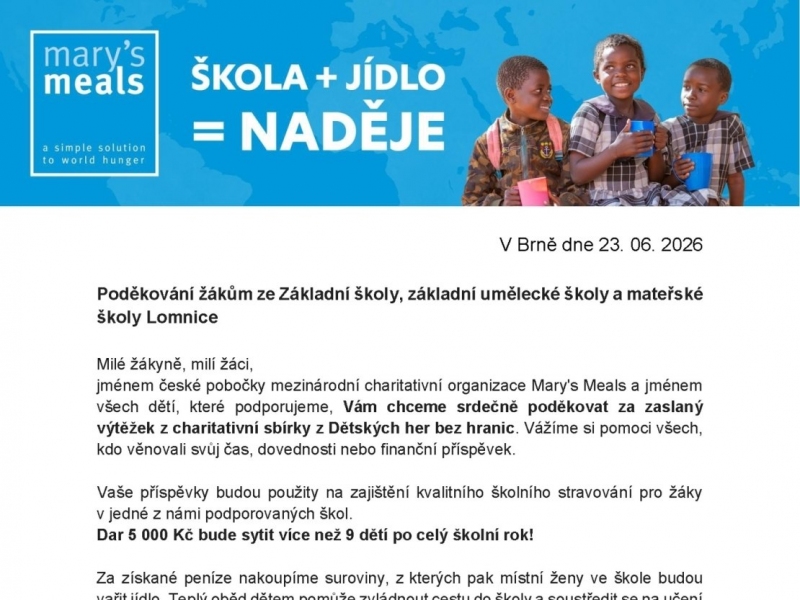 Poděkování Mary's Meals