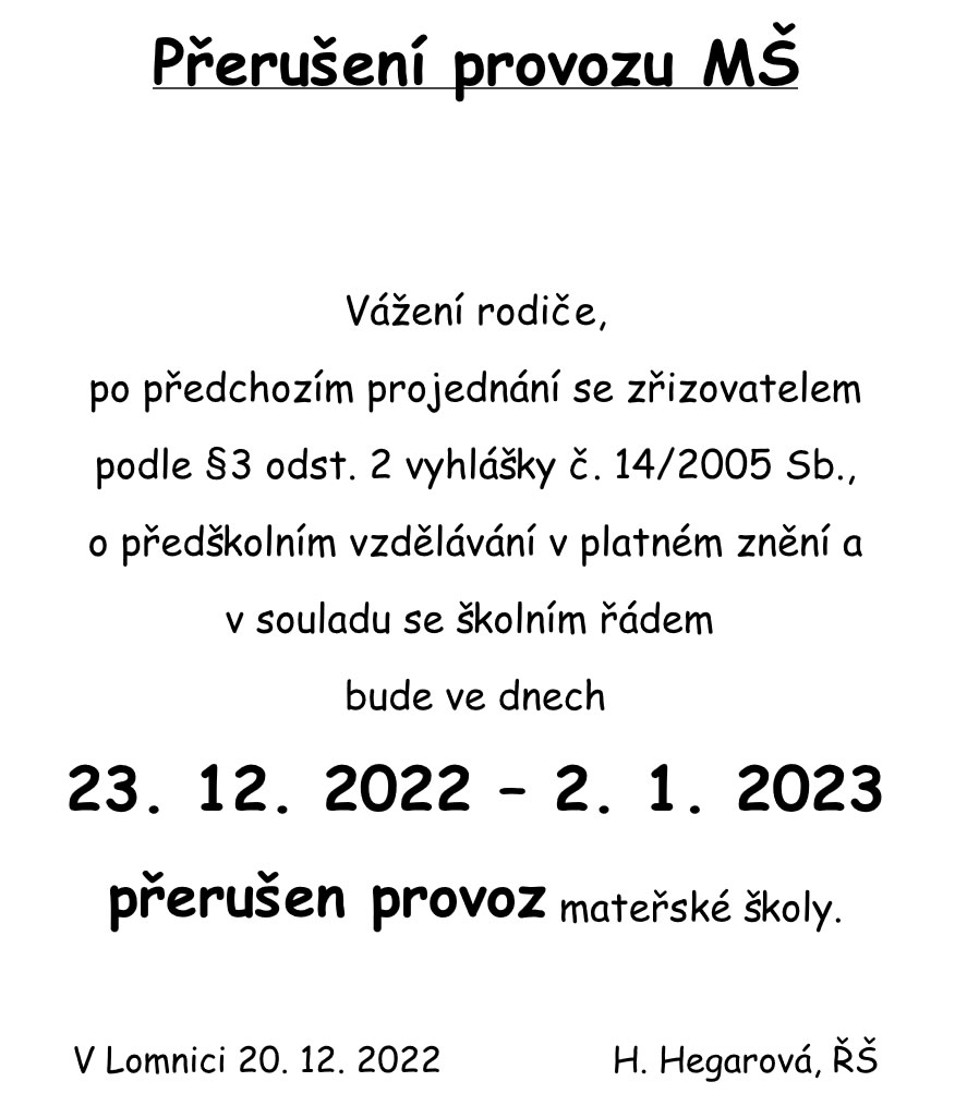 Přerušení provozu MŠ