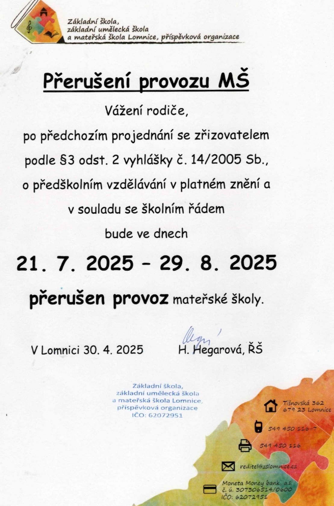 Přerušení provozu MŠ