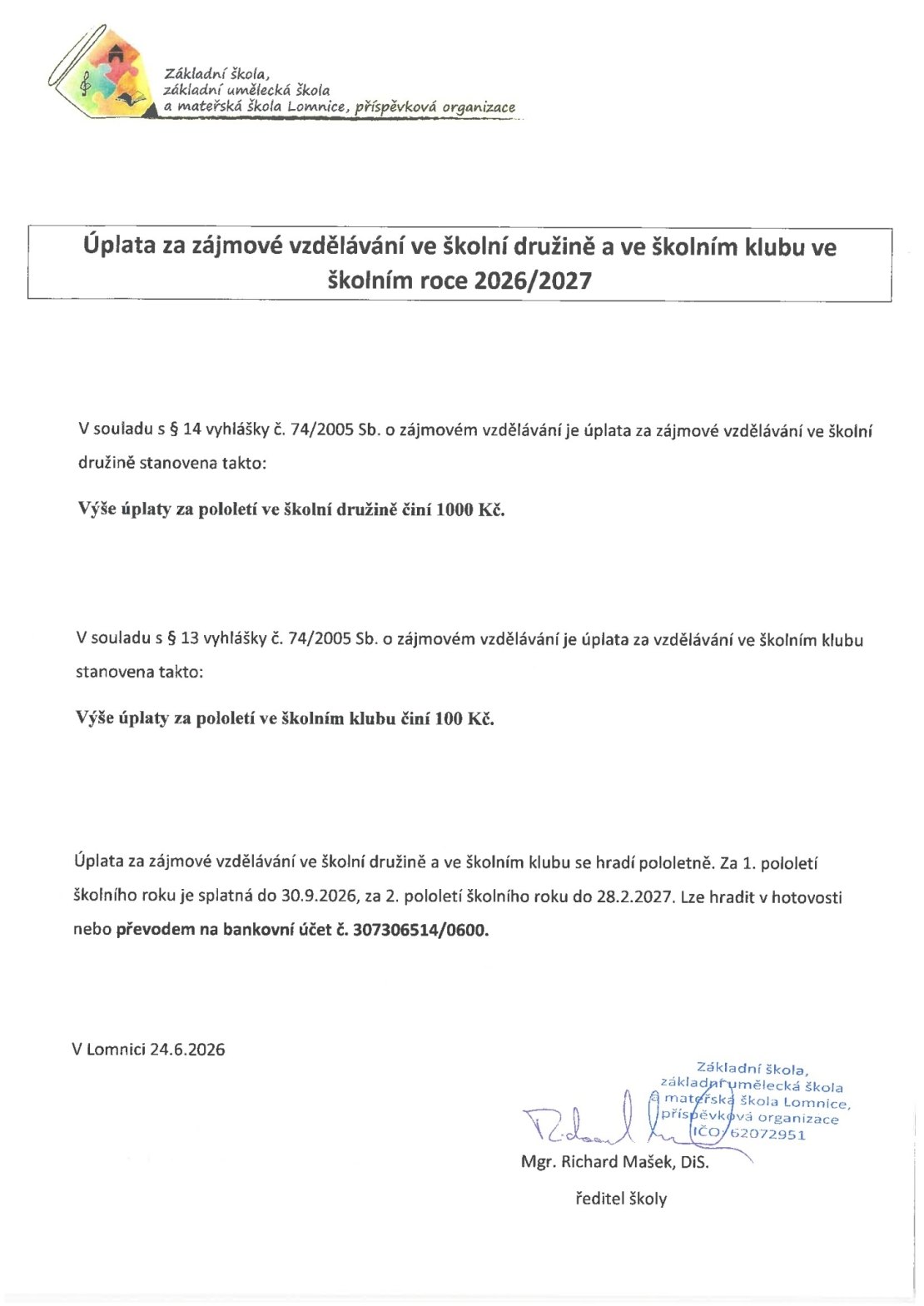 Úplata za zájmové vzdělávání ve školní družině ve školním roce 2026/2027