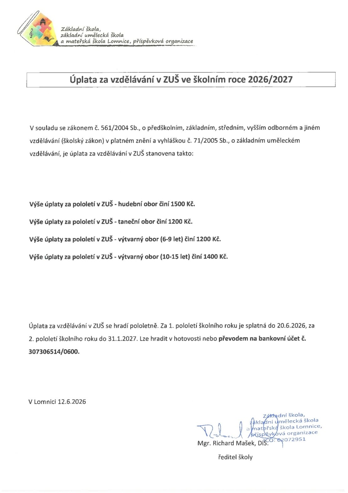 Úplata za vzdělávání v ZUŠ ve školním roce 2026/2027
