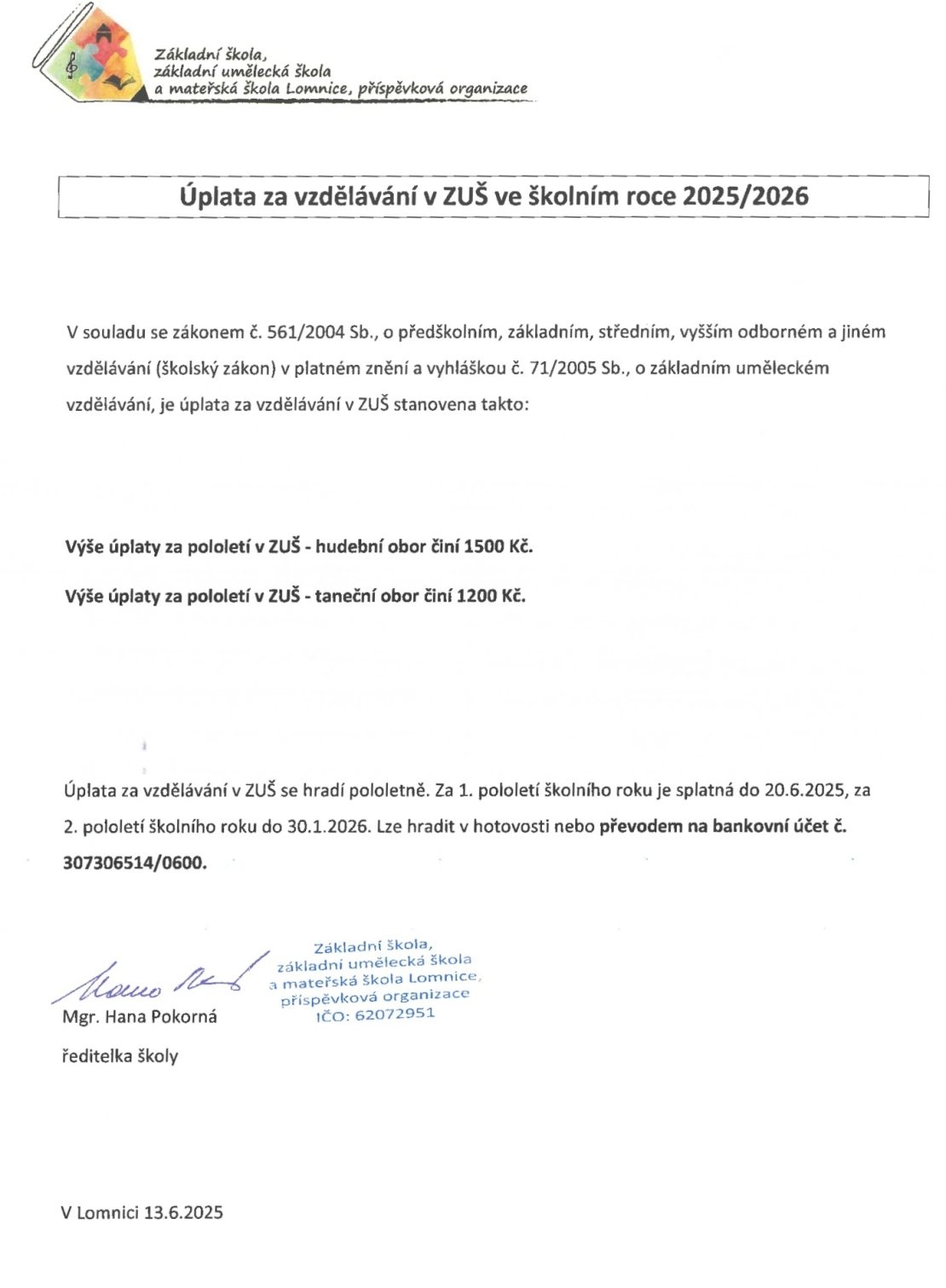 Úplata za vzdělávání v ZUŠ ve školním roce 2025/2026