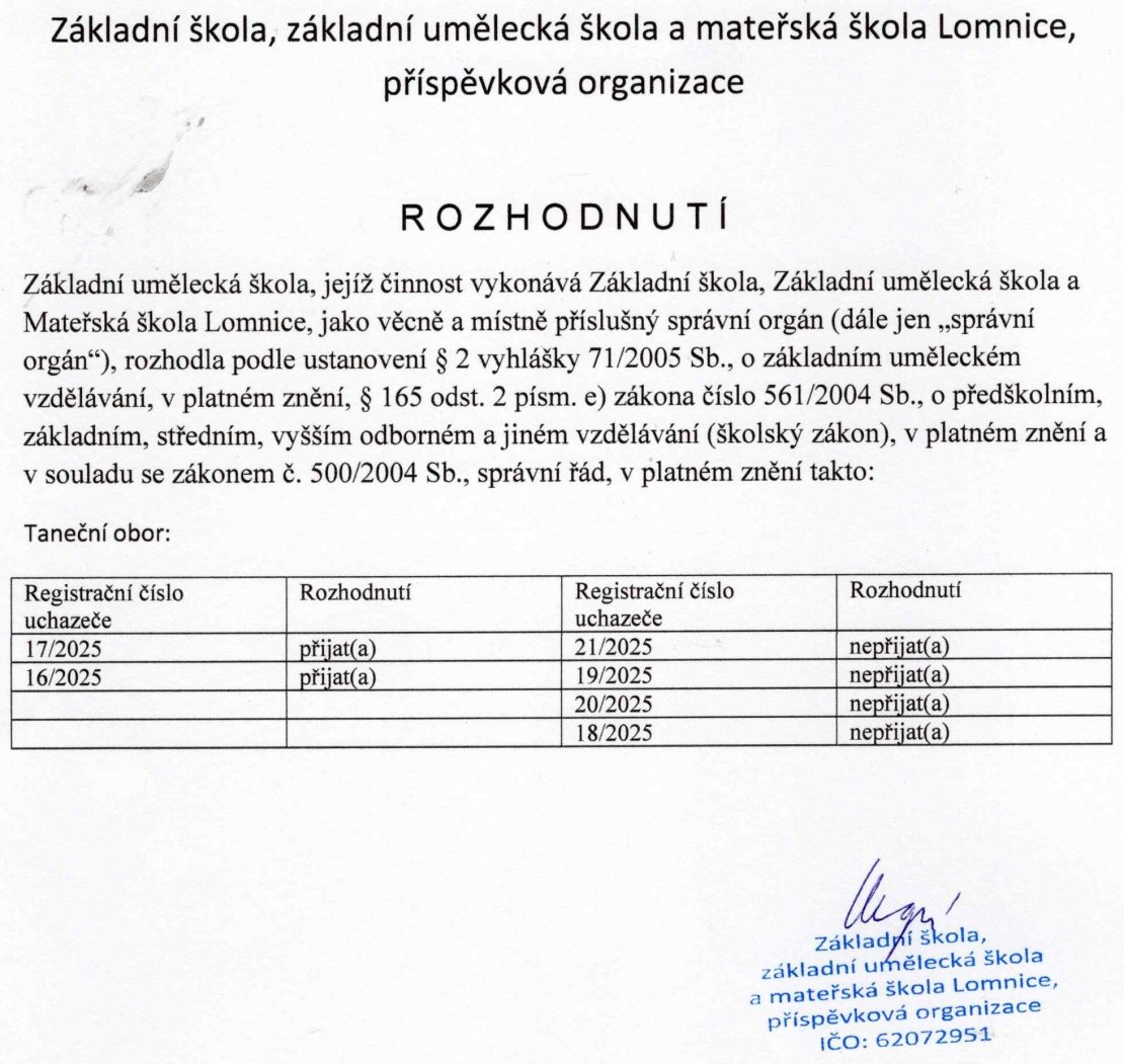 Rozhodnutí o přijetí do tanečního oboru ZUŠ