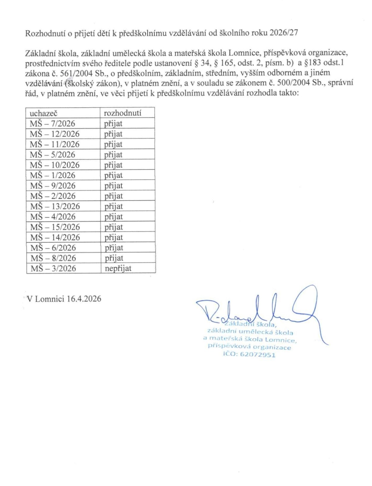 Rozhodnutí o přijetí dětí k předškolnímu vzdělávání od školního roku 2026/27
