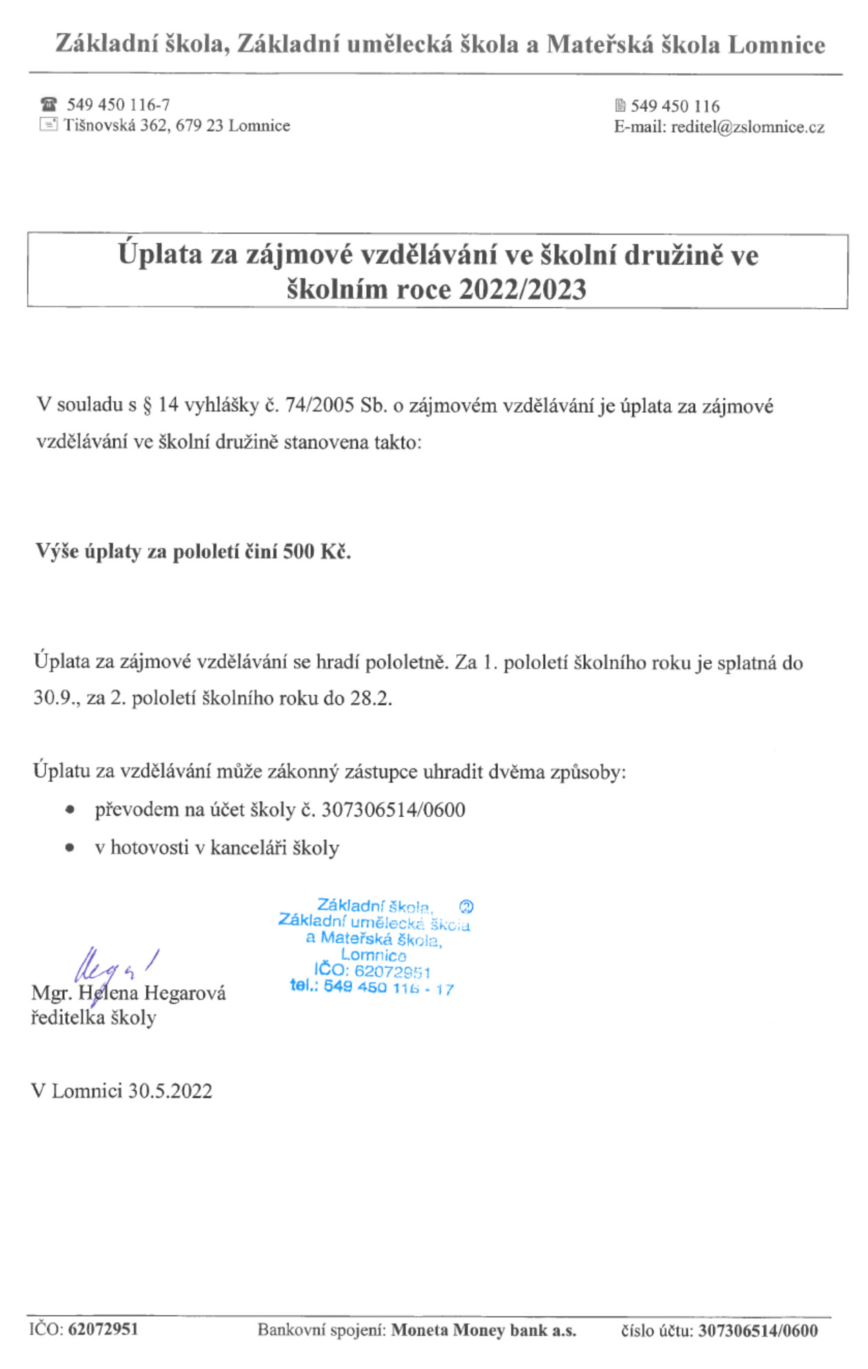 Úplata za zájmové vzdělávání ve školní družině ve školním roce 2022/2023