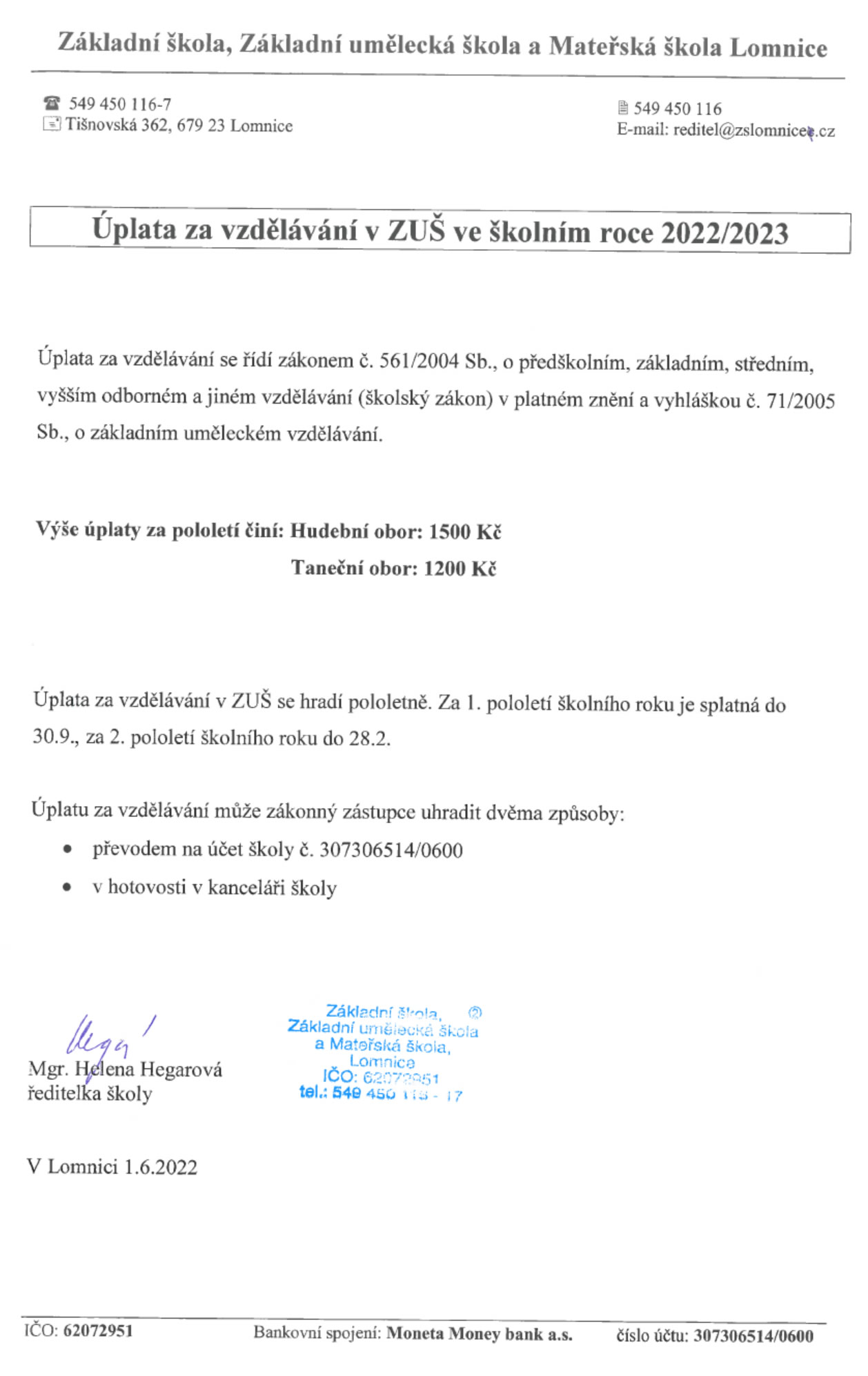 Úplata za vzdělávání v ZUŠ ve školním roce 2022/2023